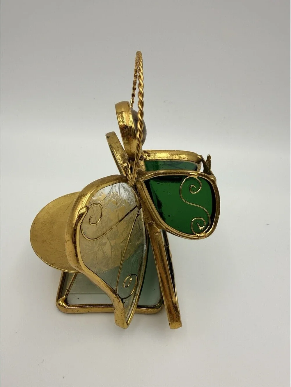 Vintage Stained Glass Green & Gold Tone Metal Angel Tealight Votive Holder 4.5